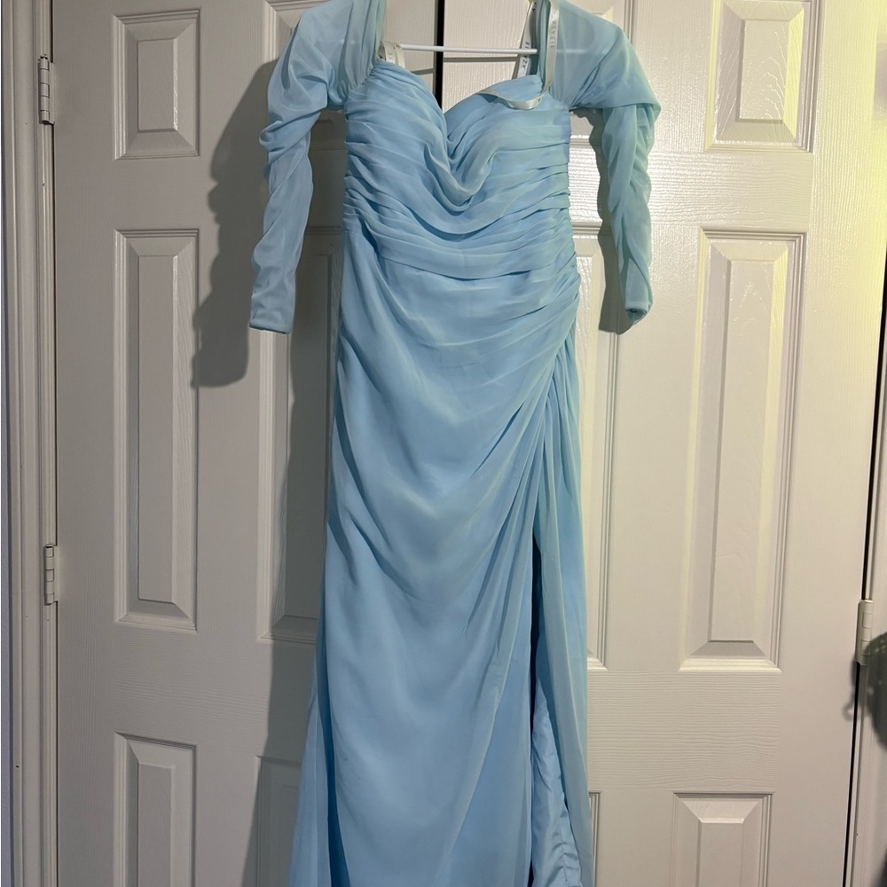 Azazie Light Blue Bridesmaid Dress Long Sleeve Off Shoulder